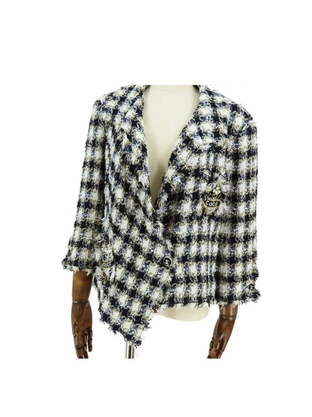 Chanel Asymmetrical Jacket White Black Cotton Rayon Nylon Bijou Coco Emblem